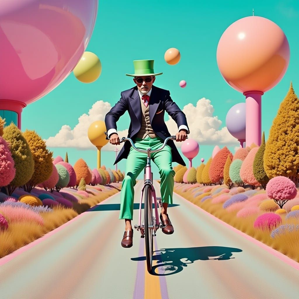 <lora:Sugar Rush:1.0> hyperrealism, retrofuturism, pastel, chrome, a man in a tailcoat and top hat riding a bicycle down a country road