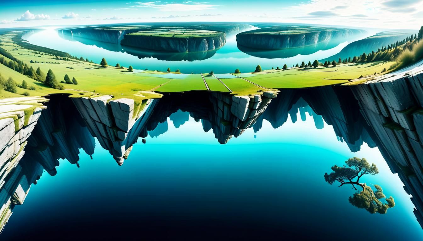River And Cliff Turns Into Mountain And Lake When Upside Dow...