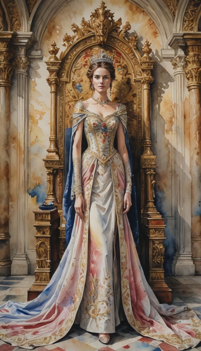 Queen stands in the entrance of a throne room. masterpiece.I...