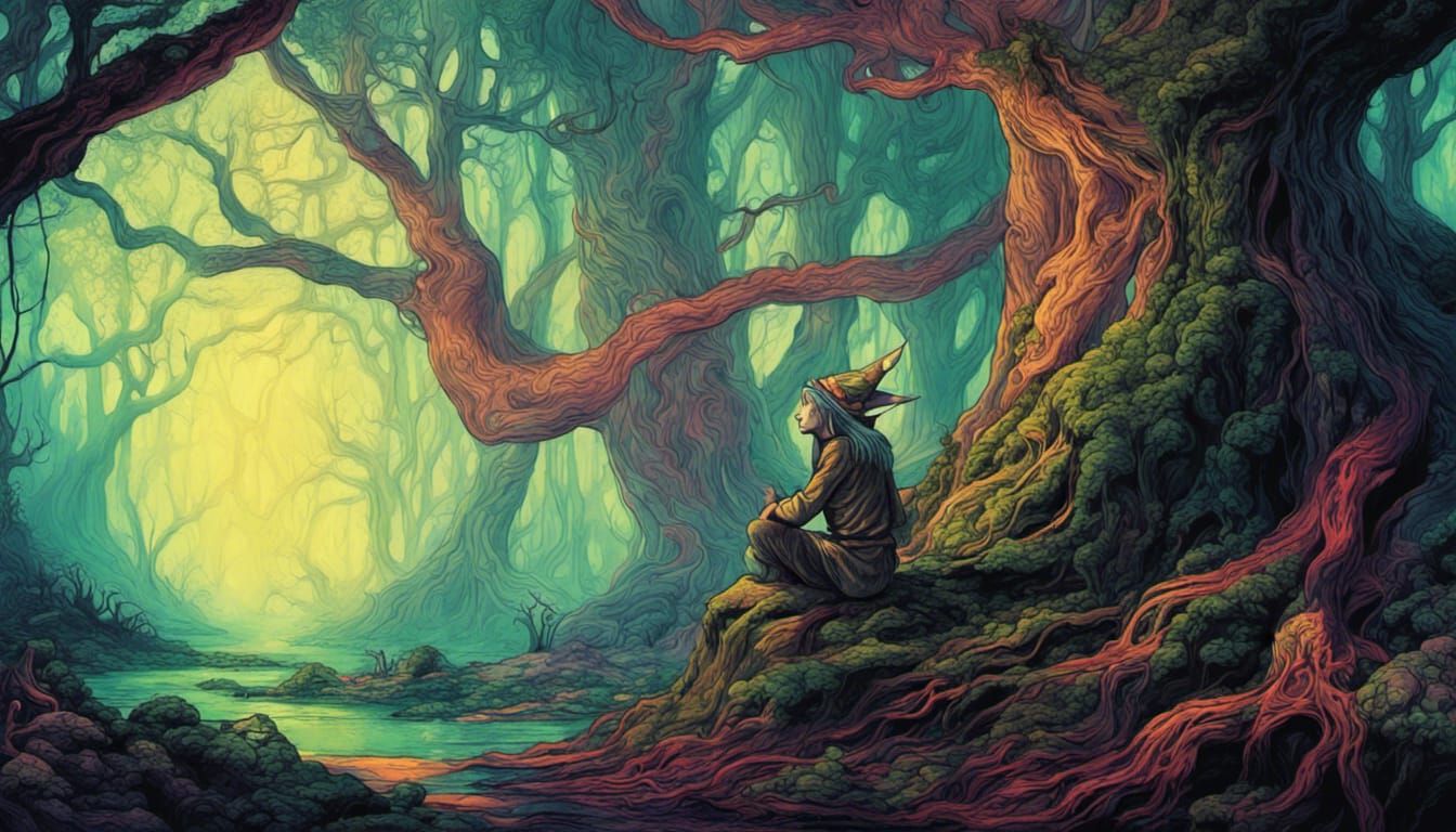 psychedelic forest elf resting an old dark fantasy forest, h...
