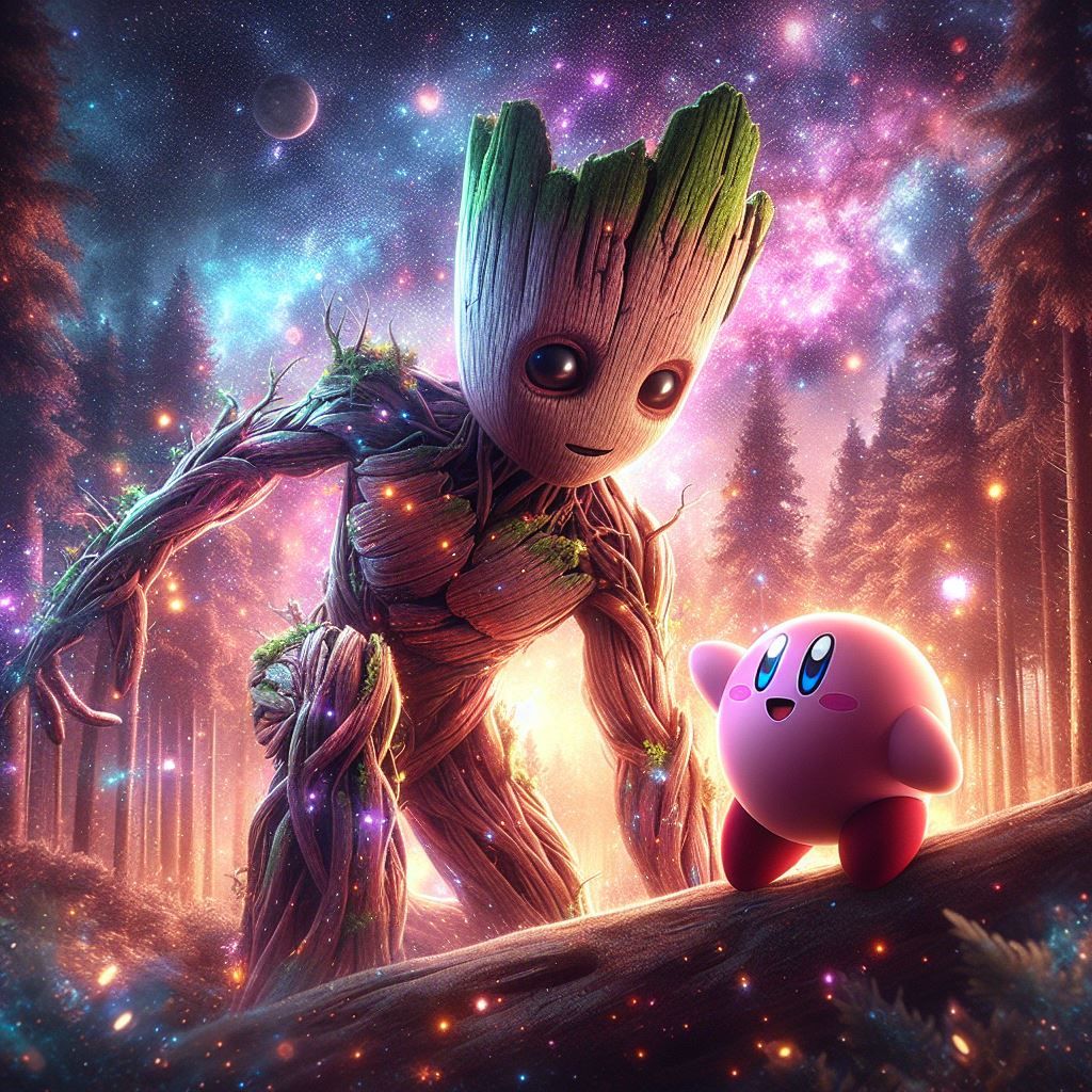 Baby Groot is playing with Kirby inside a forest