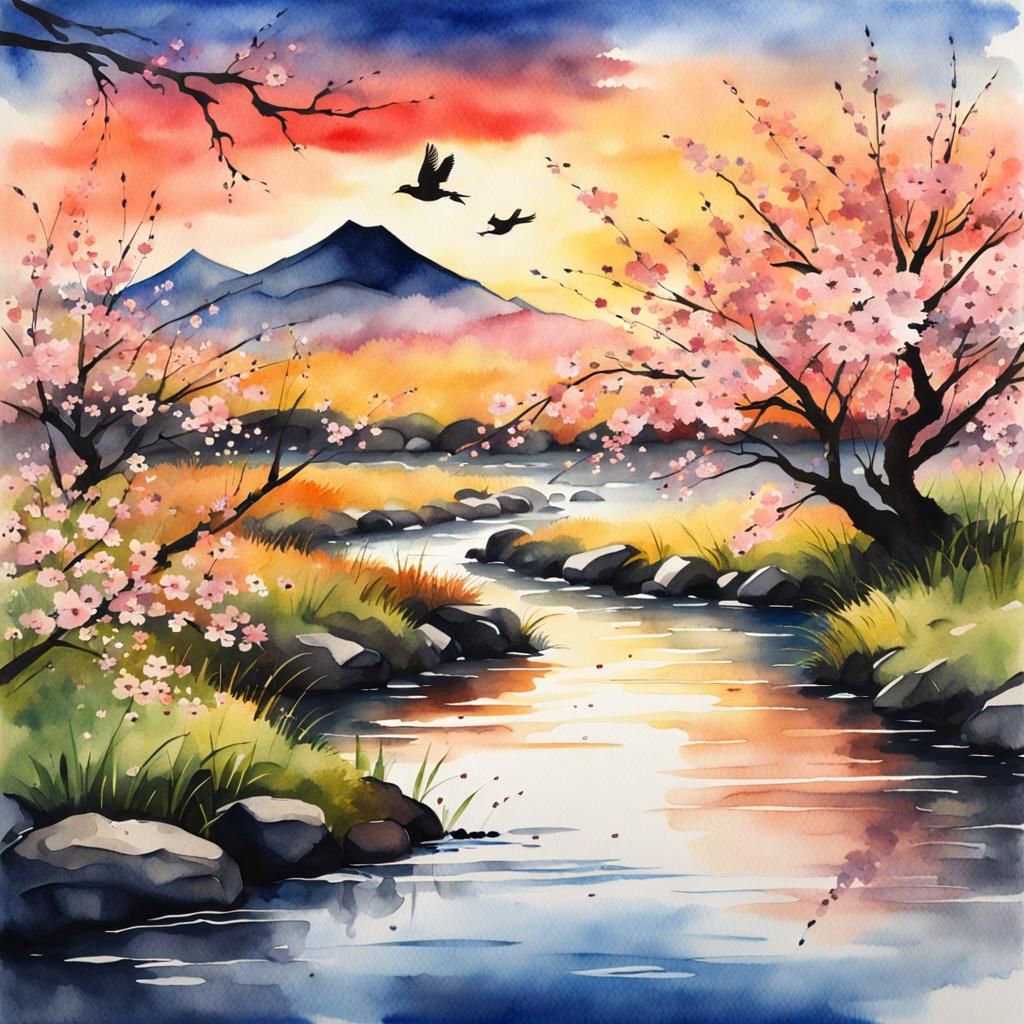 image of a vibrant grassy flowery plain with cherry blossom ...