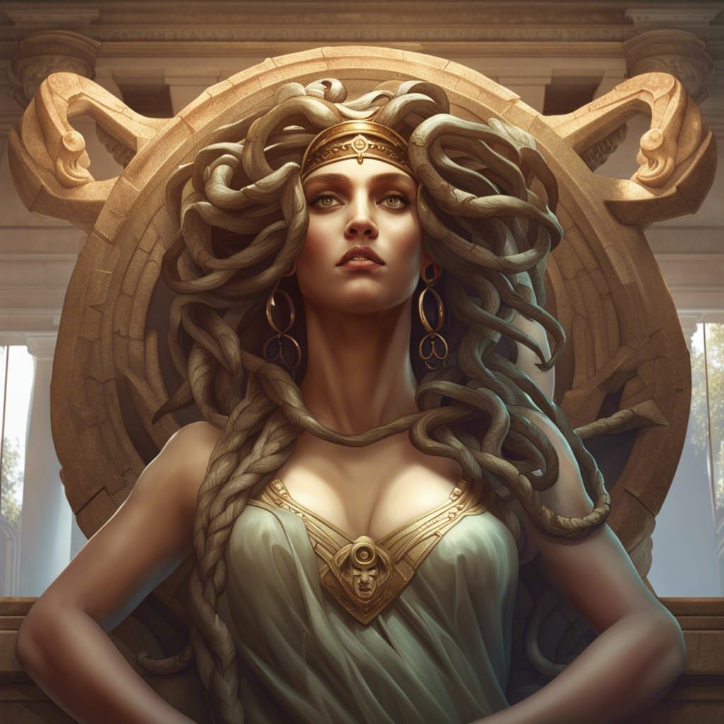 Medusa on a altar in front of an ancient greek temple