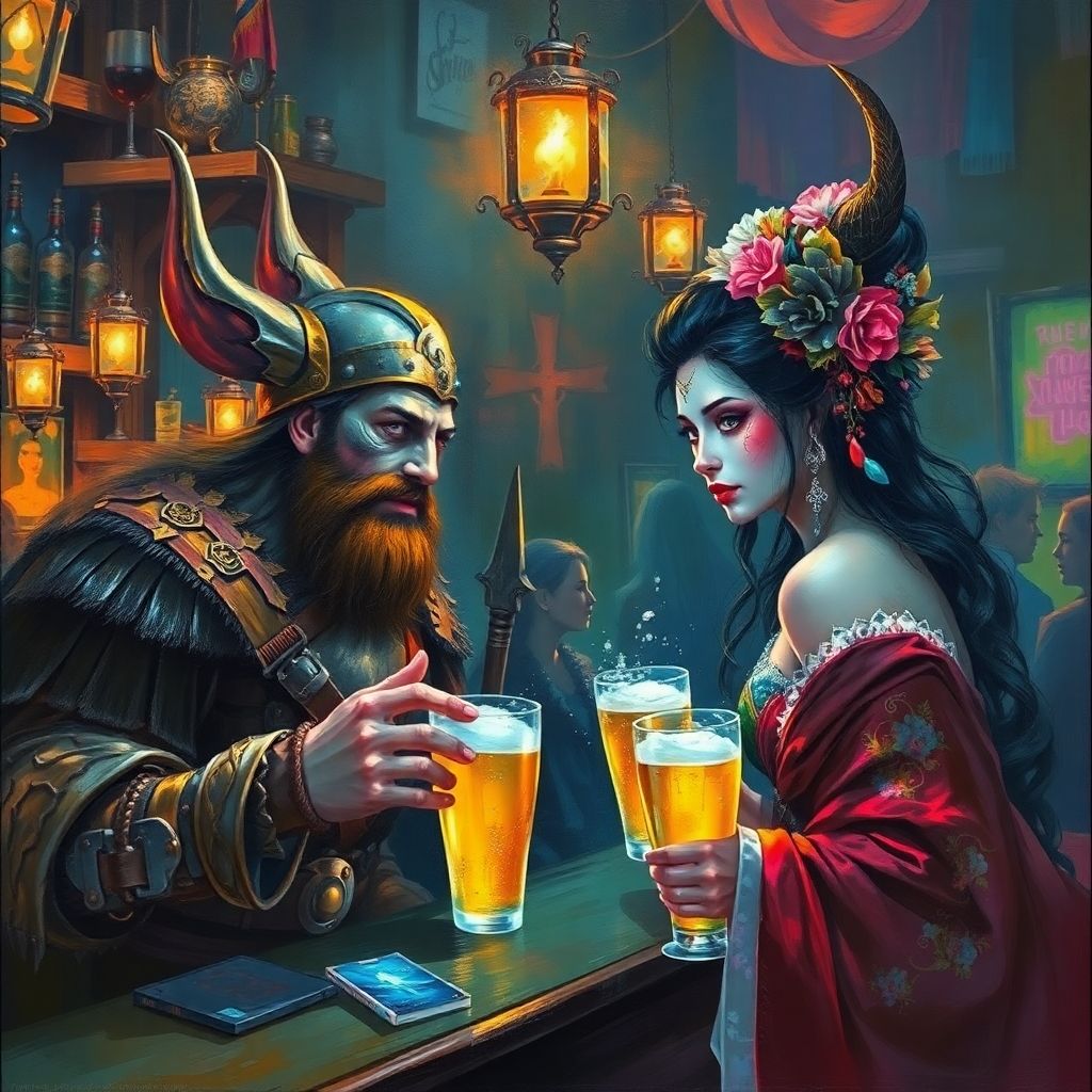 Geisha and Viking at Bar
