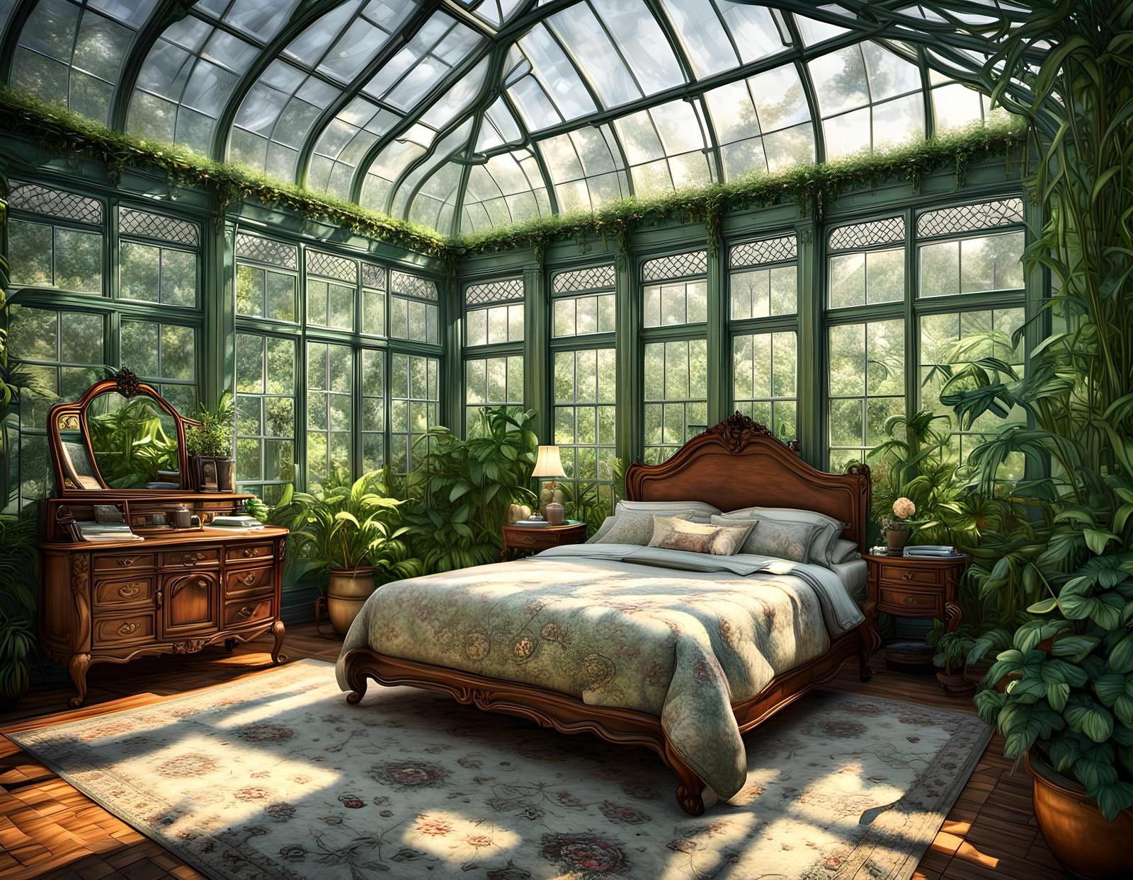 bedroom in a greenhouse - AI Generated Artwork - NightCafe Creator