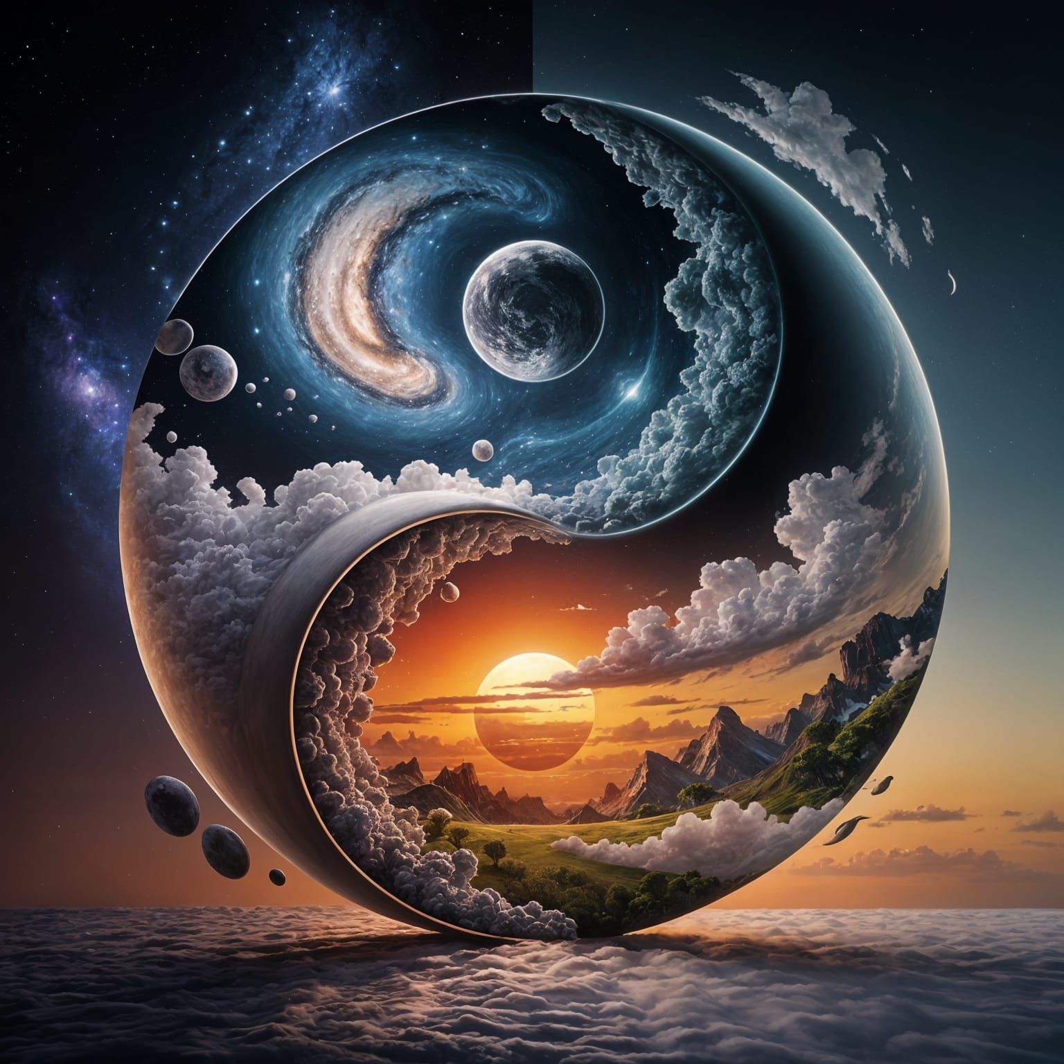 Surreal Yin-Yang: Cosmic Skies and Sunlit Earth