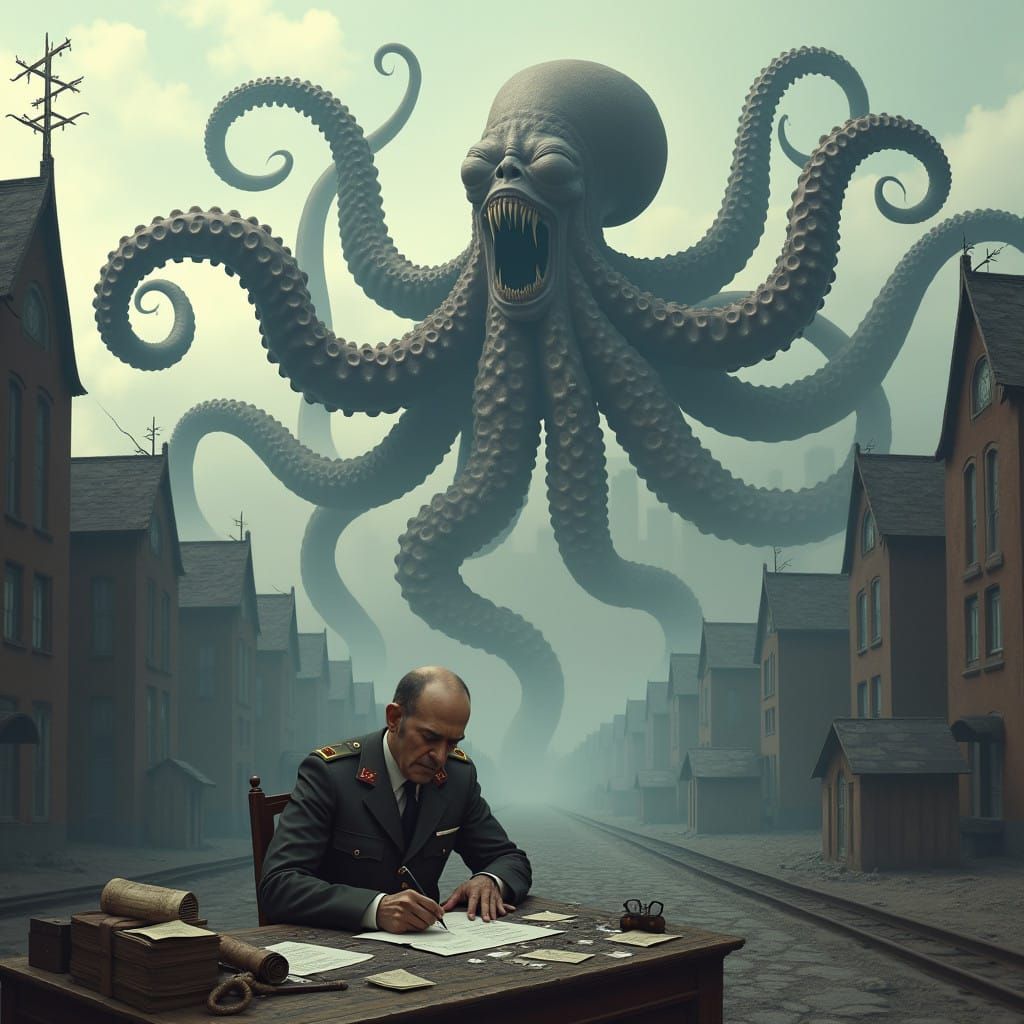 A huge octopus walking on land towering over a city, all arms ending in screaming faces. In the foreground a man in a military uniform sitti...
