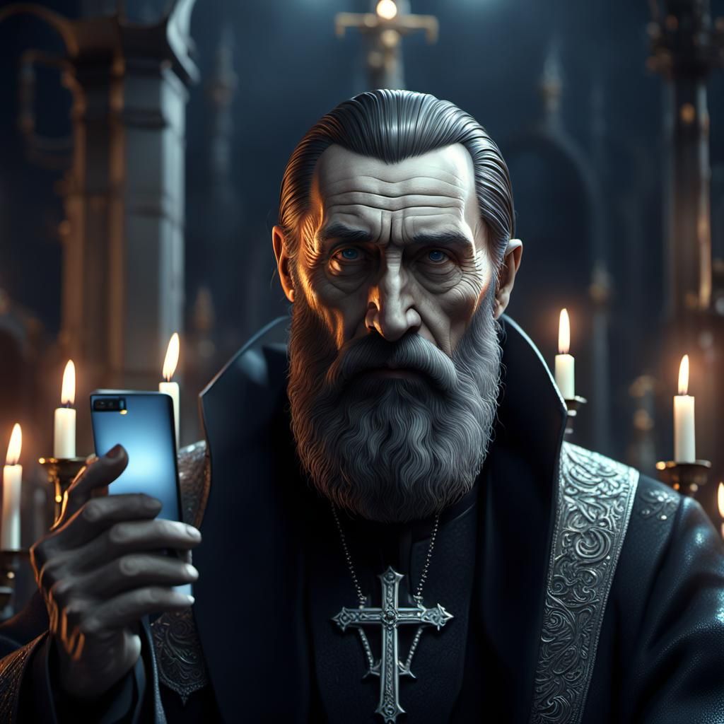 "Photographic portrait of Rasputin using a modern smartphone, 8k resolution intricate church and candles, ground level shot, 8K resolution,...