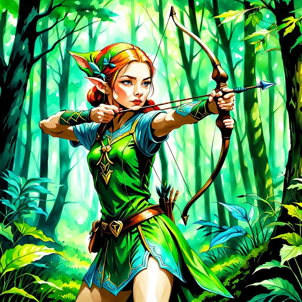 Female elf practicing her archery aims - AI Generated Artwork ...