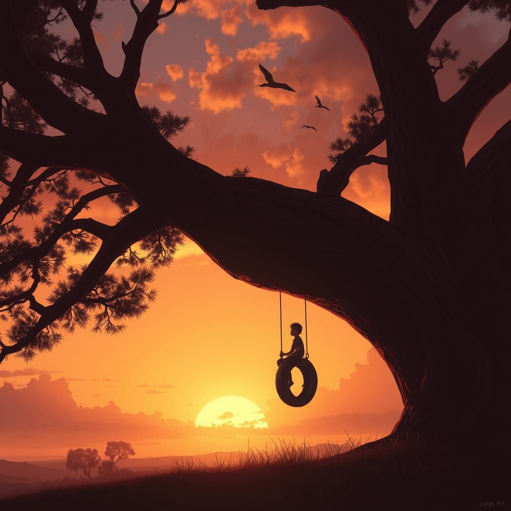 Boy on Tire Swing at Sunset, Digital Art