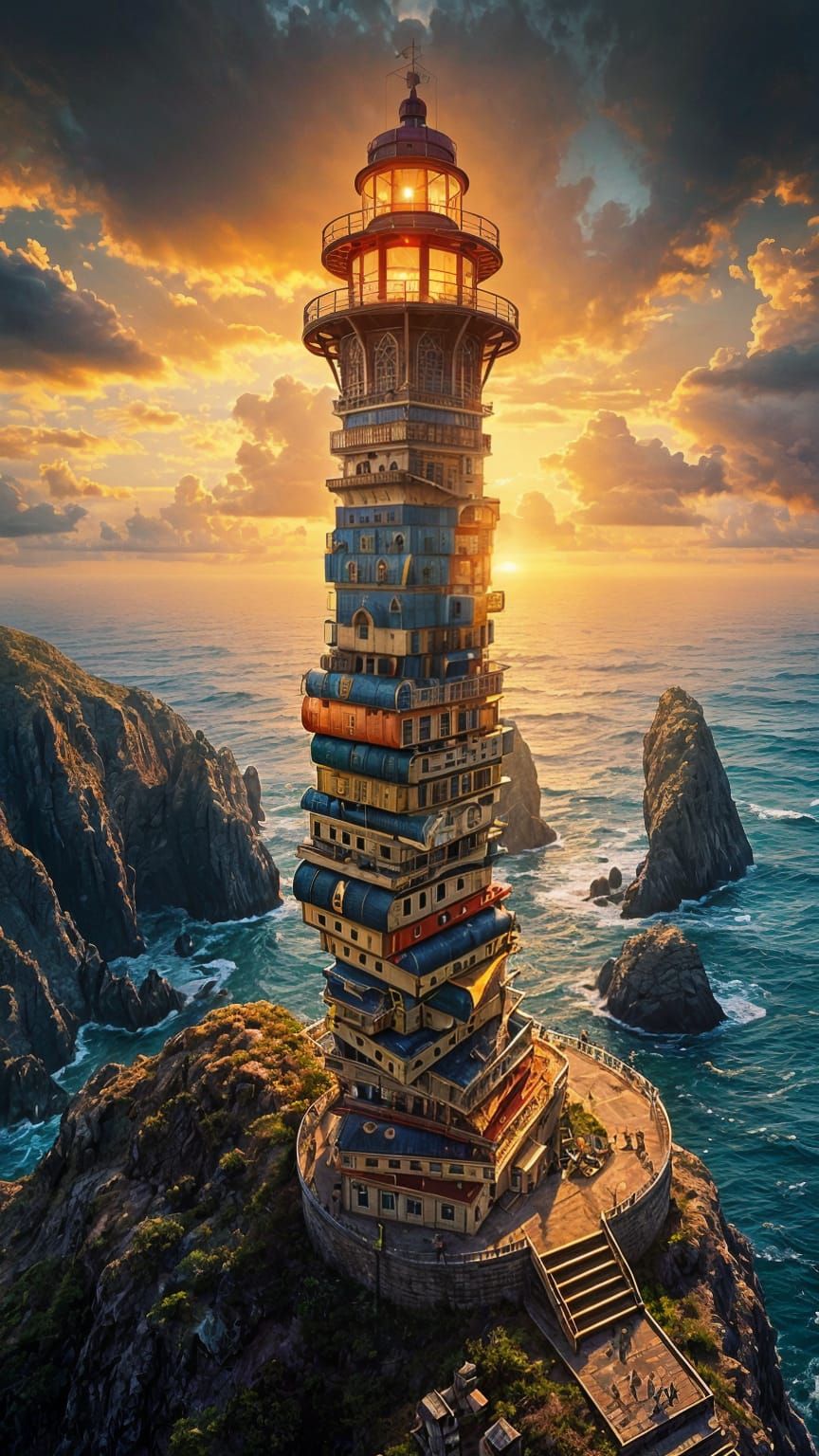 Book Lighthouse in a Gothic Maximalist Style