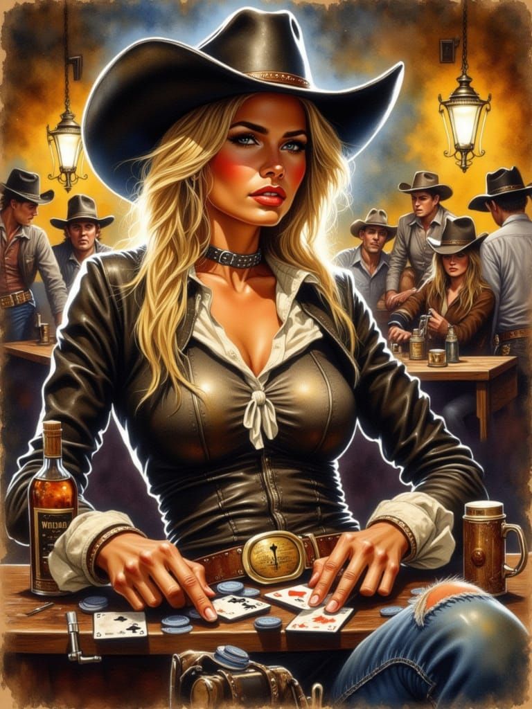 blacklit voluptuous mischievous blonde cowgirl with pile of chips playging cards at poker table in wild west frontier saloon with a  whiskey...