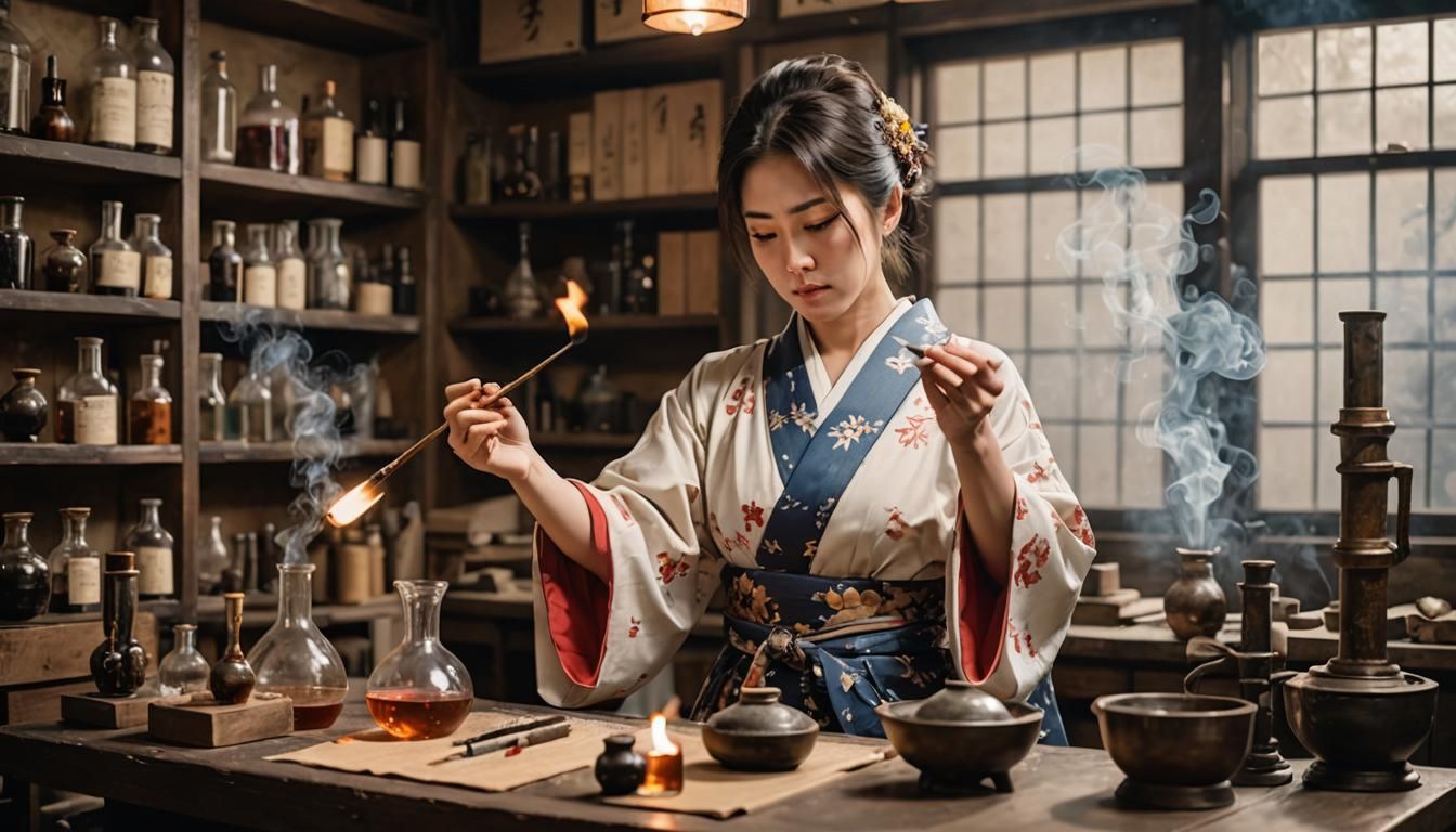 A Japanese woman in a kimono is making the Elixir of Life an...