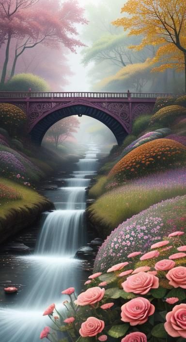 Enchanted Bridge with Roses in Autumn Watercolor