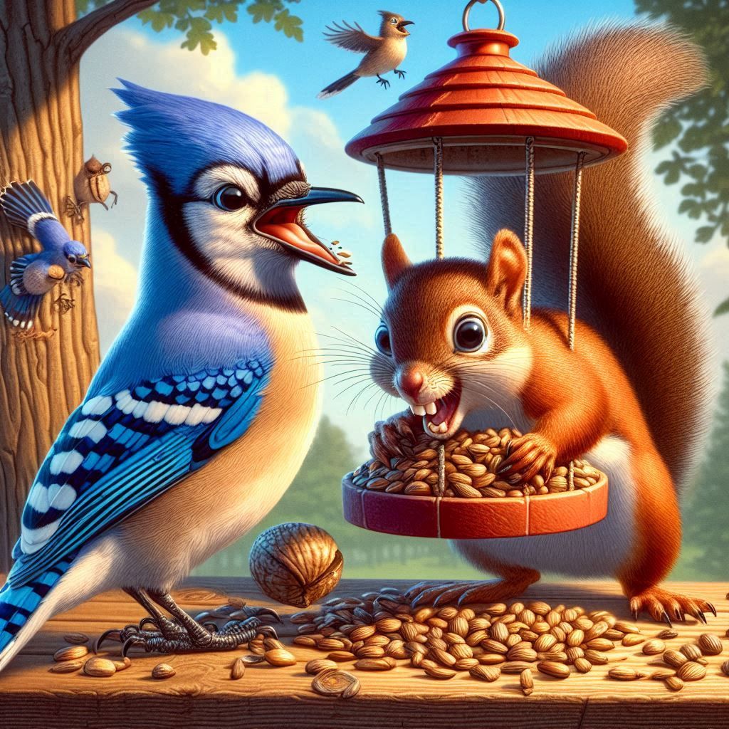 Mischievous squirrel stealing seeds out of bird feeder.