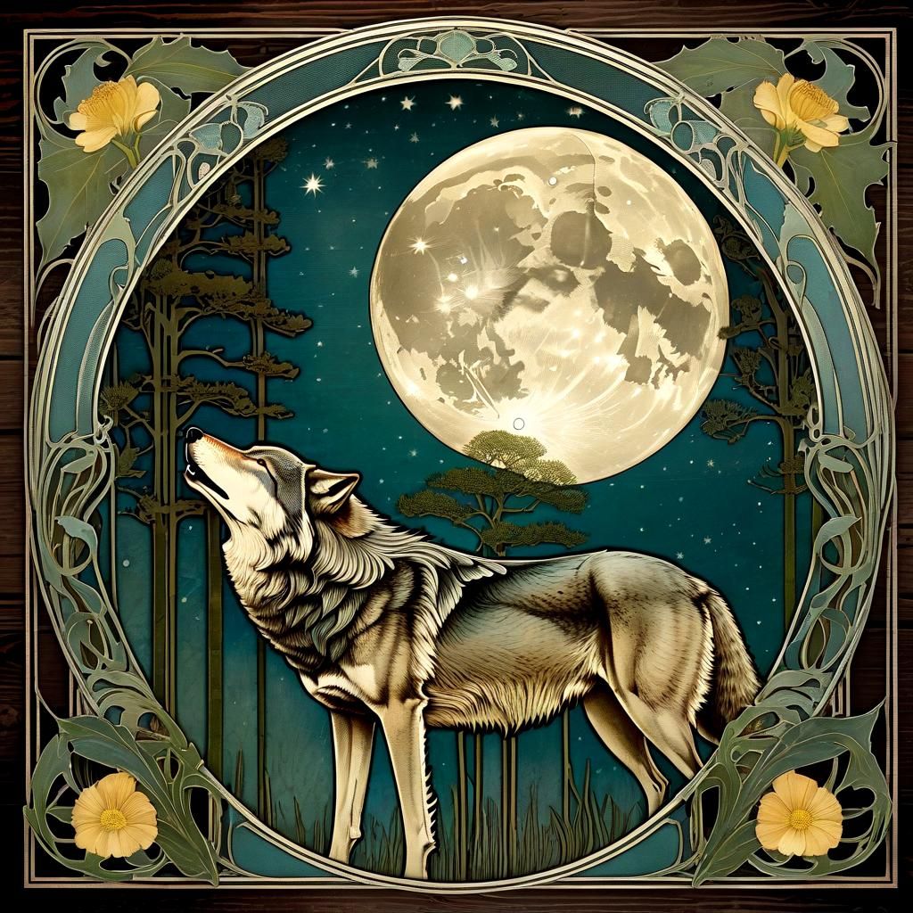 Art Nouveau wolf songs for the achenes that reflect moonligh...
