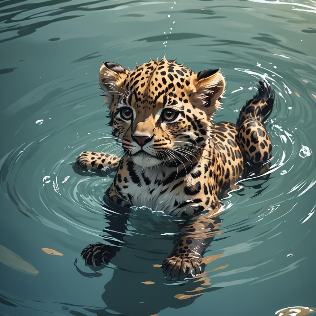 Cutest fluffy baby leopard swimming in water