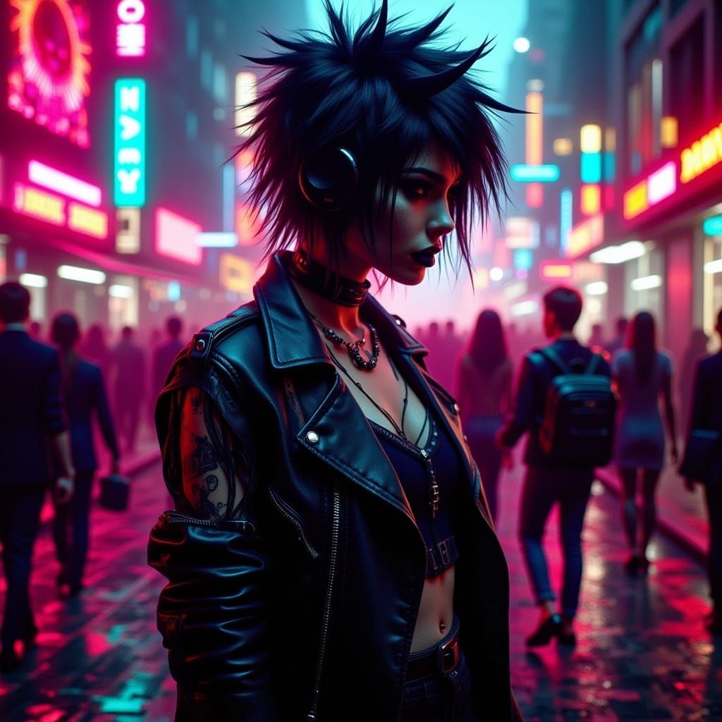 An alternative woman on a cyberpunk city street. Ink drips. Dynamic lighting <lora:AlternaInk:1.0> 