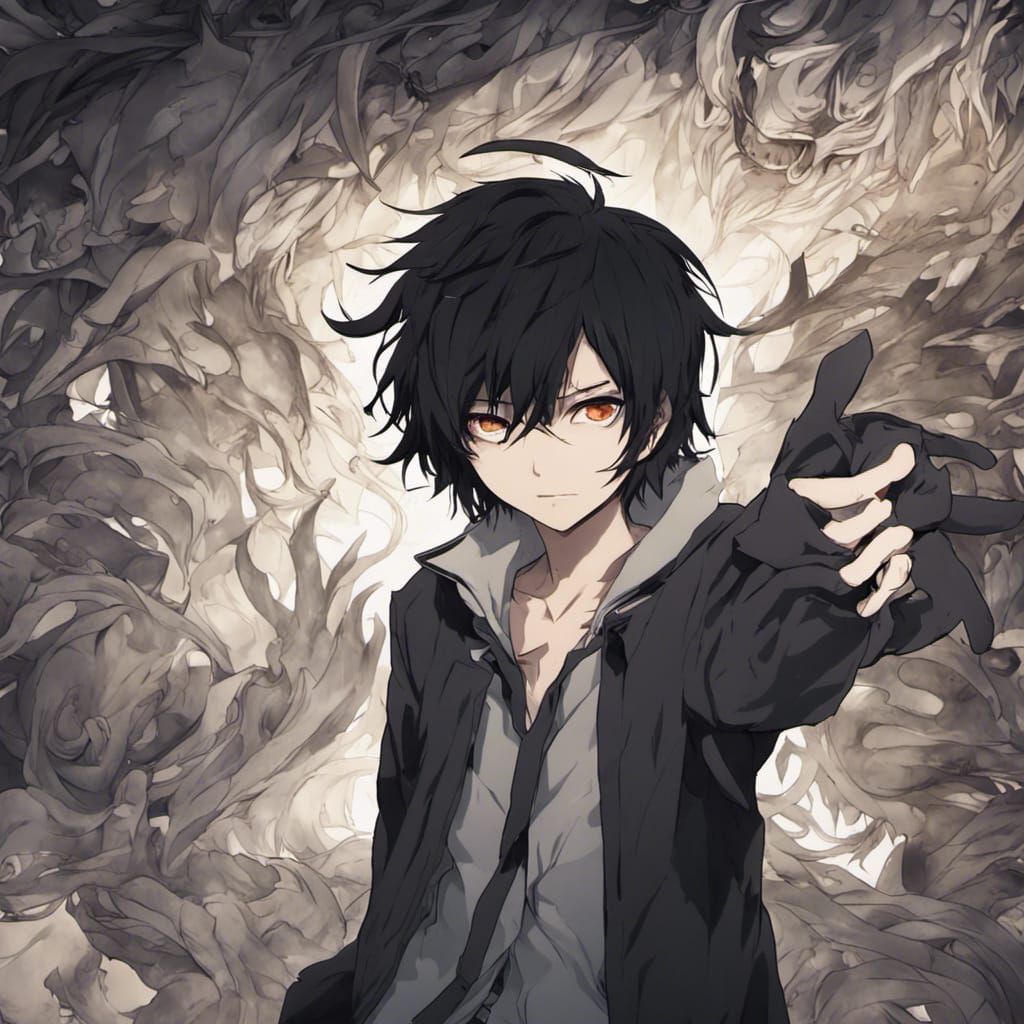 a boy with black hair with shadowy figure like a monster behind him thats  connected to his body - AI Generated Artwork - NightCafe Creator