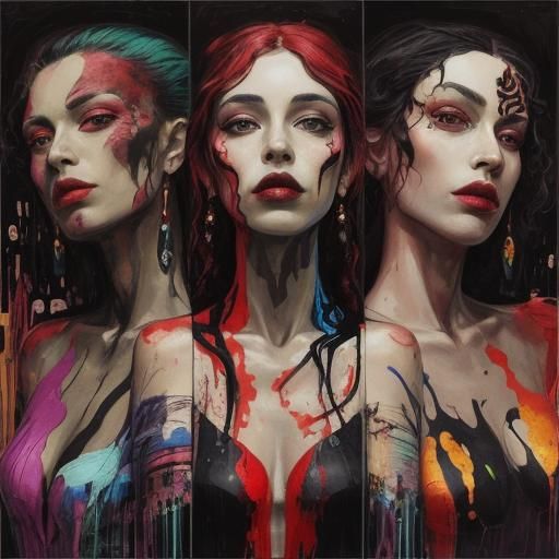 three graces, toxic palette of red and black tones, unreal, ...