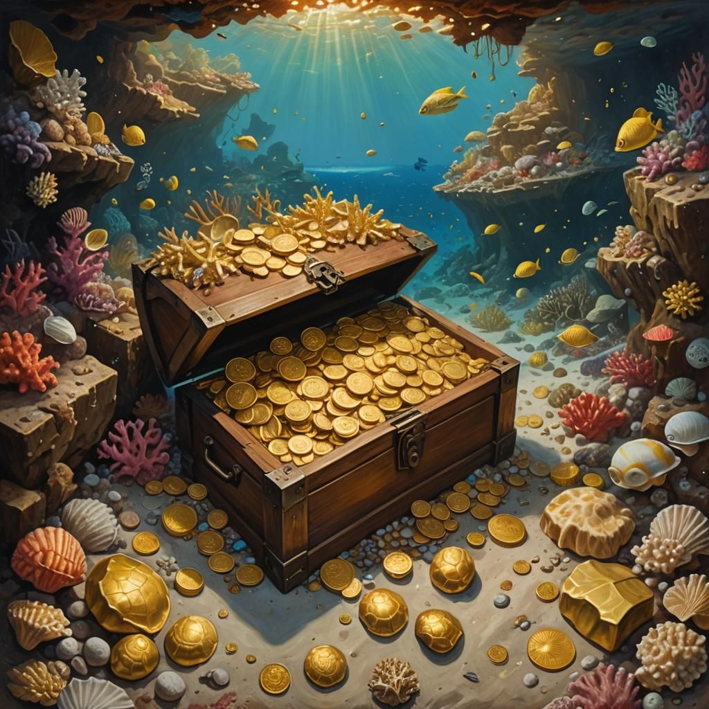 gold coins at the bottom of the sea