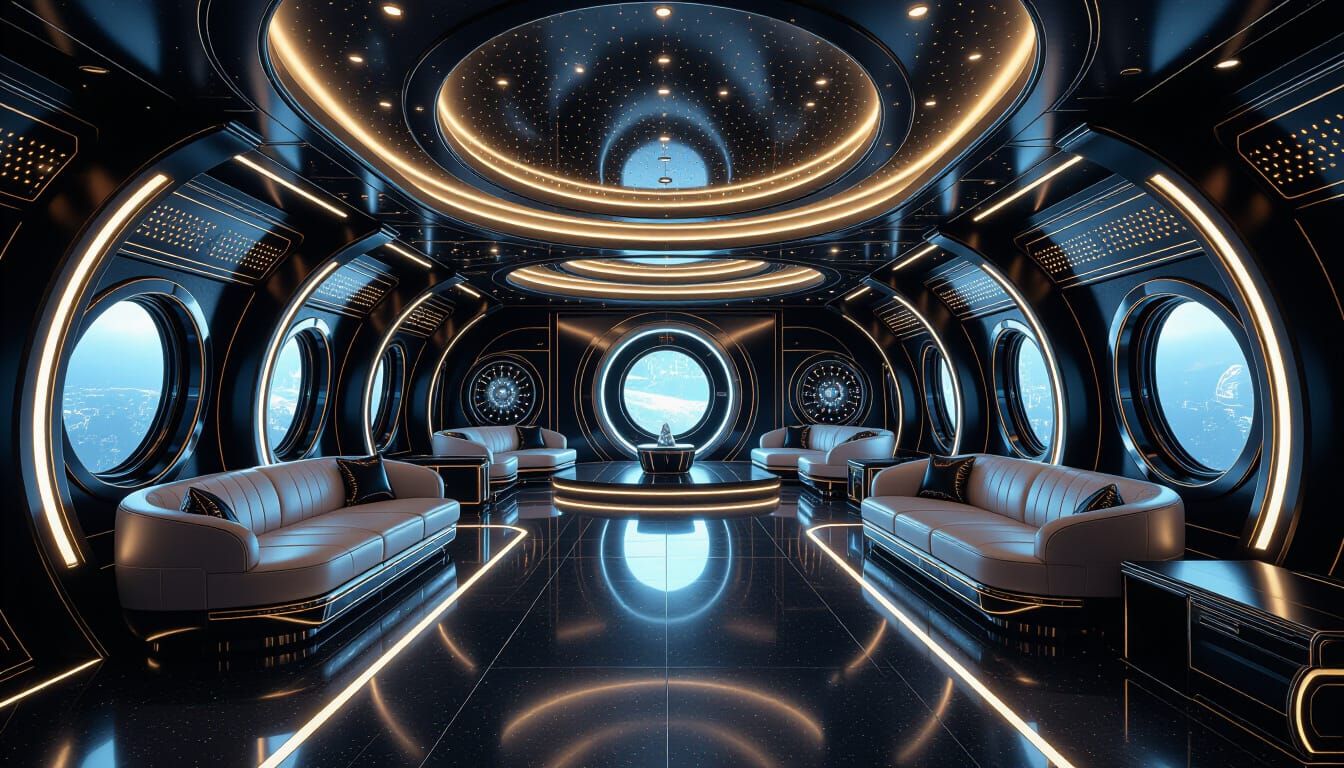 the passengers' lounge in a fancy luxurious alien spaceship