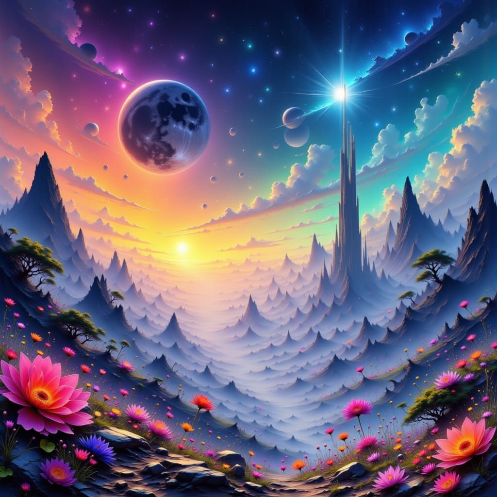 <lora:Akimora:1.0>
<lora:J Colors 2:1.0>

Picture an alien planet, 3 moons in the colourful sky, an alien city is showing between high mount...