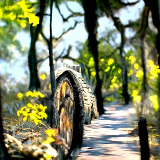 Dirt road through an oak forest to a distant medieval town P...