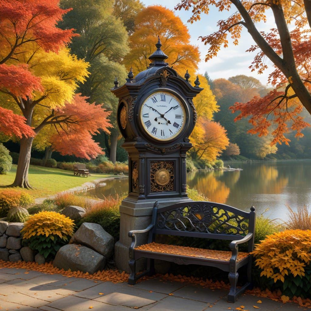 Giant Garden Clock in Autumn Landscape