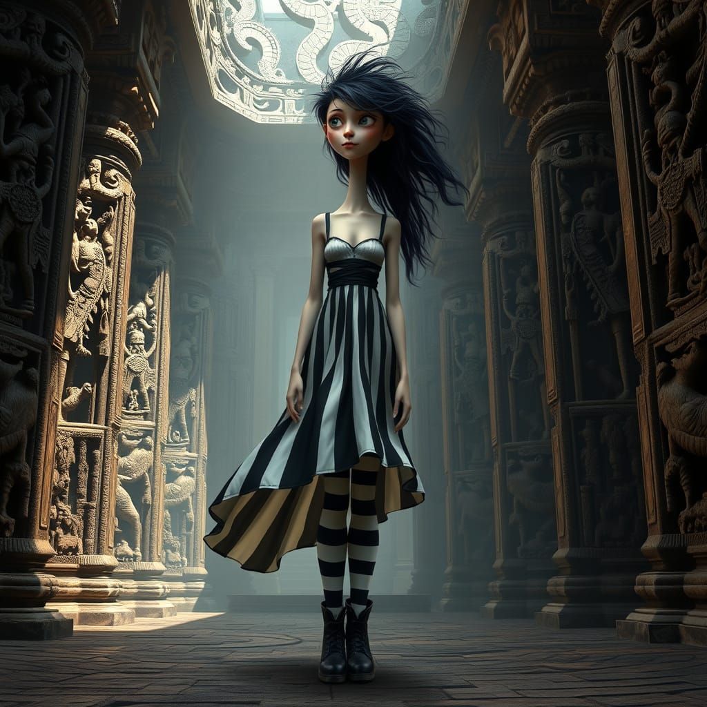 Eerie Temple Woman in Tim Burton Style