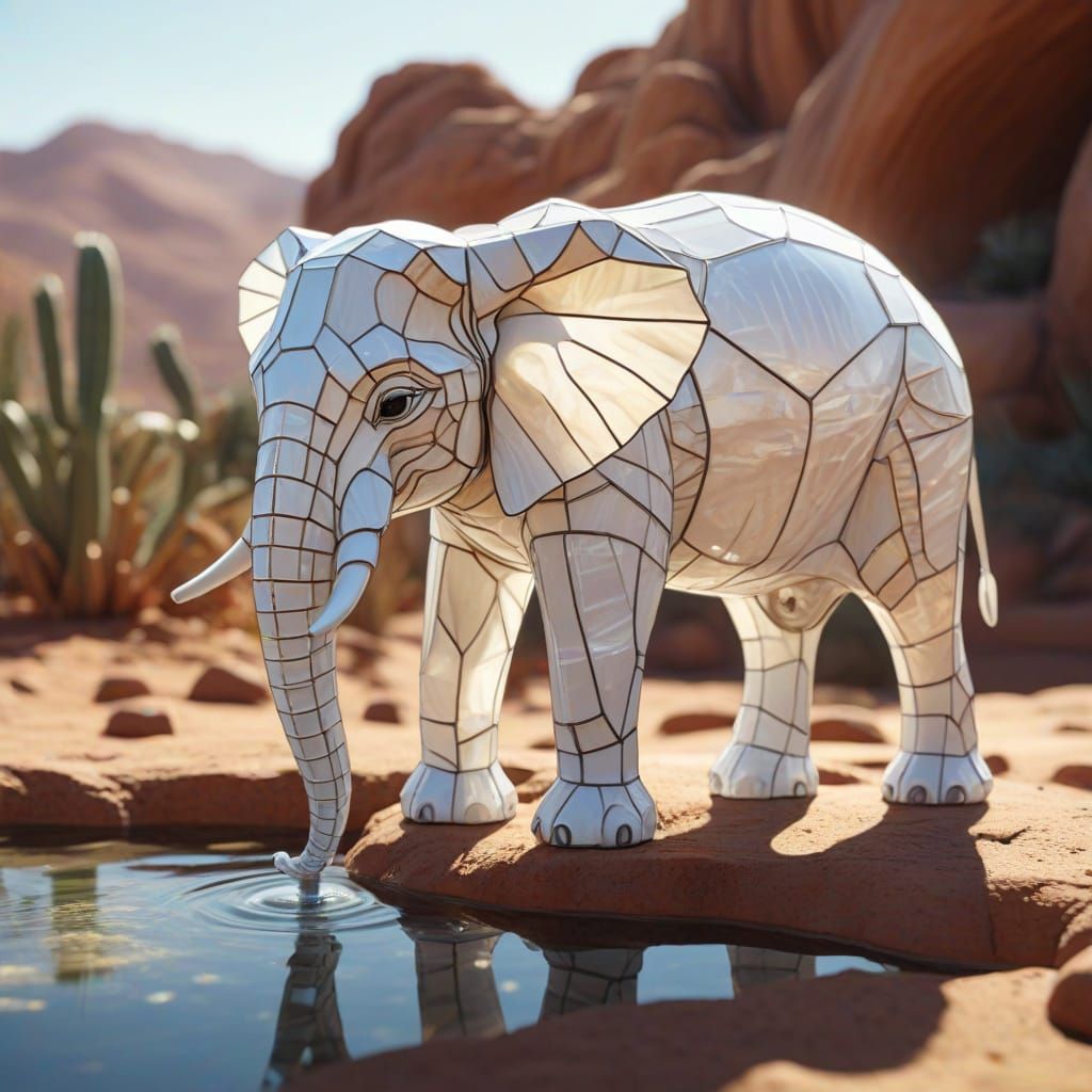 Elephant made of glass drinking from a watering hole in the desert.  by @Zs Art Collection