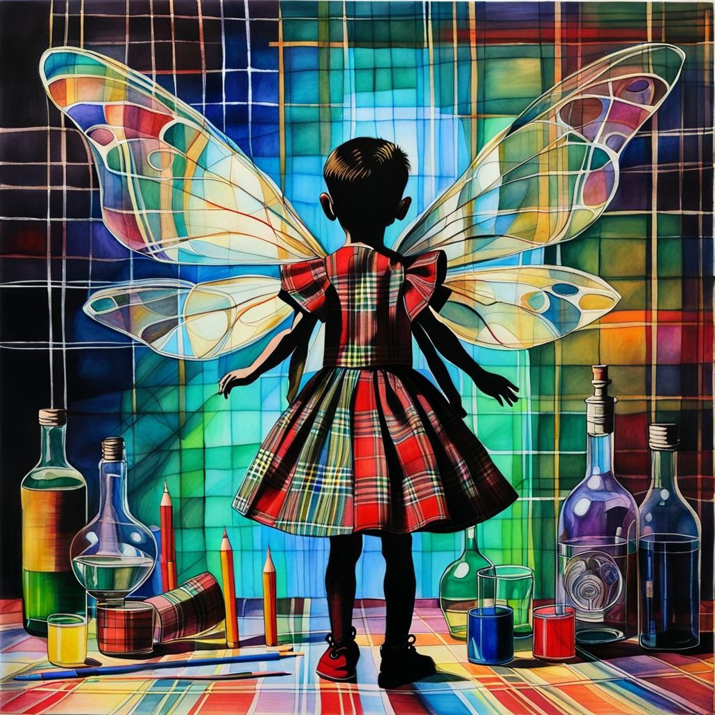 Tartan background ,Kid's drawing ,surreal child's drawing , ...