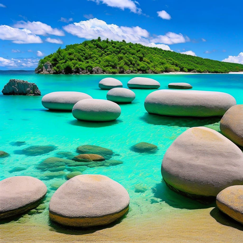 turquoise water vacation stones cove clouds landscape