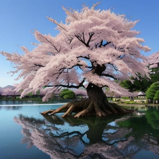 A beautiful ancient sakura tree in front of a lake.