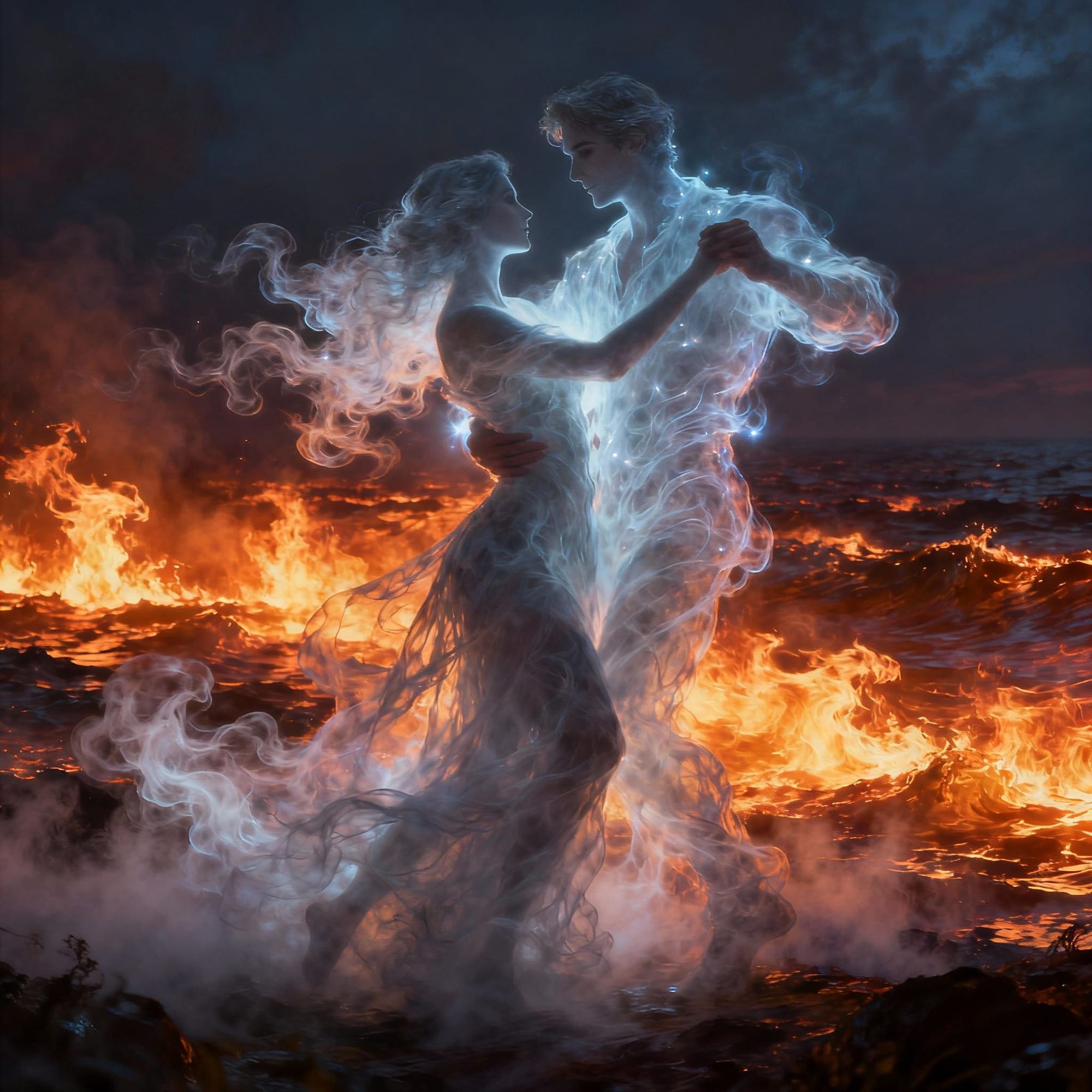 "In front of a blazing sea of fire, a man and a woman made of smoke twirl together in a mystical dance. Their ghostly silhouettes intertwine...