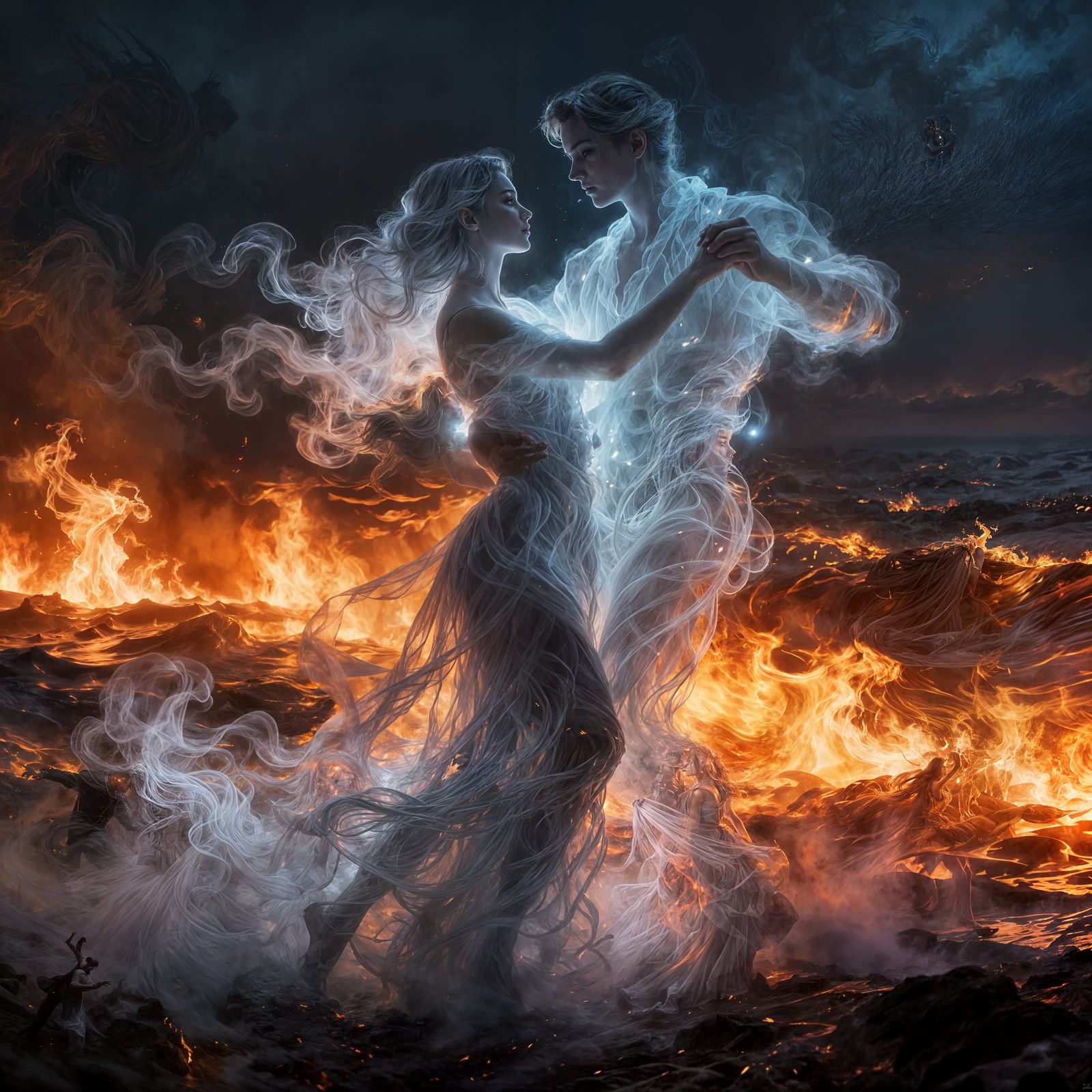 "In front of a blazing sea of fire, a man and a woman made of smoke twirl together in a mystical dance. ...  by @Likra