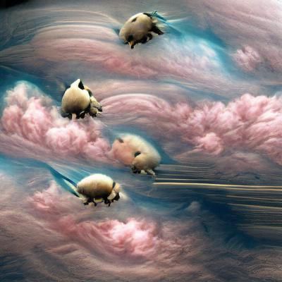 Pigs flying through fluffy cotton candy clouds on saturn