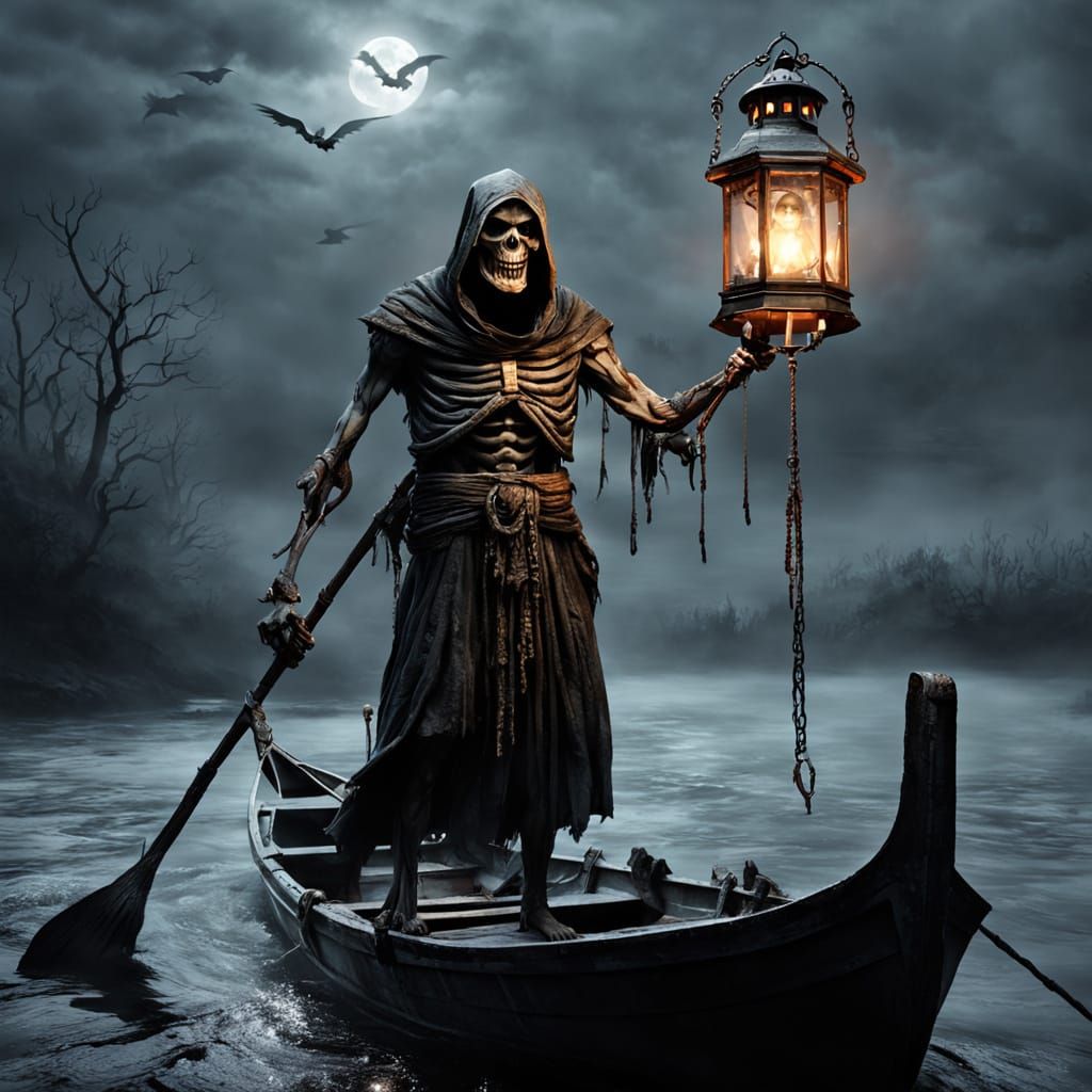 A evil looking metal lantern being held above the head of Charon by a skeletal arm, the ferryman to the Underworld of Hades as his boat appr...