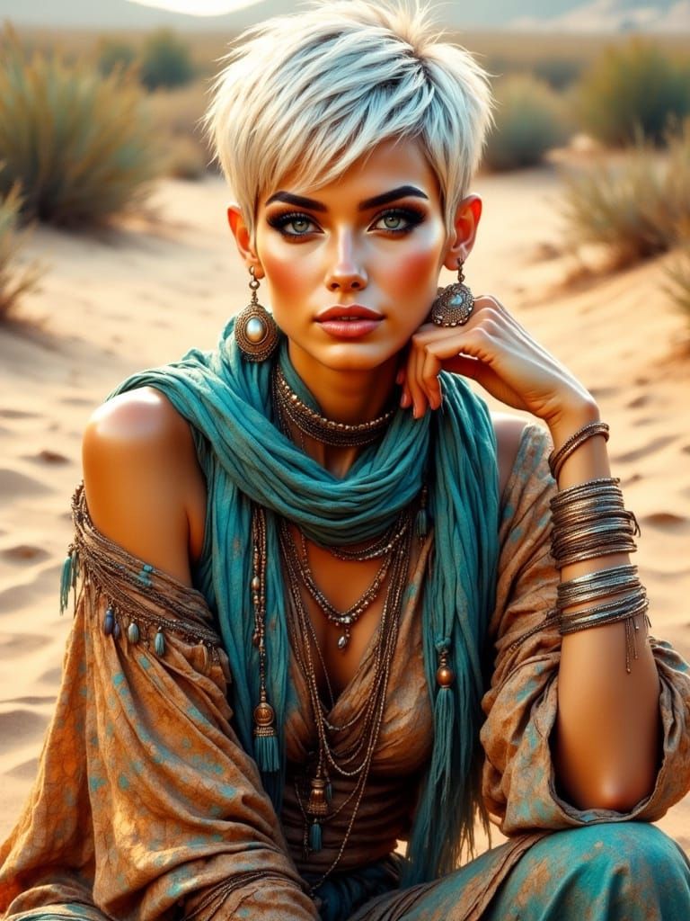 Woman with Piercing Blue Eyes and Golden Skin