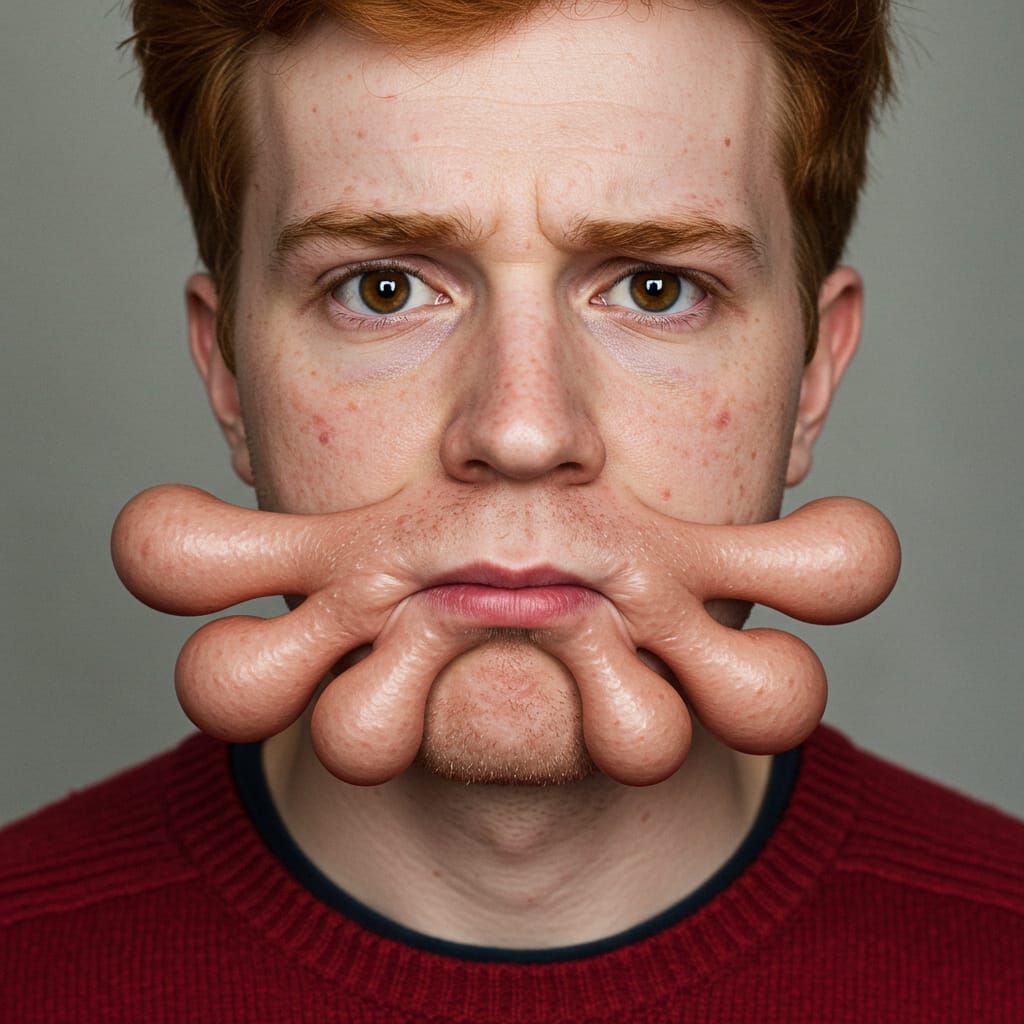 Six Bulbous Mouth Extensions On Redhead's Face