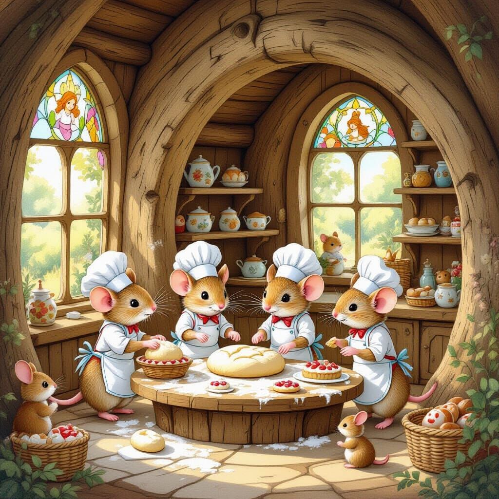 A bustling woodland bakery nestled within the hollow of a giant log. A family of mice in tiny chef hats and aprons knead dough, decorate cak...