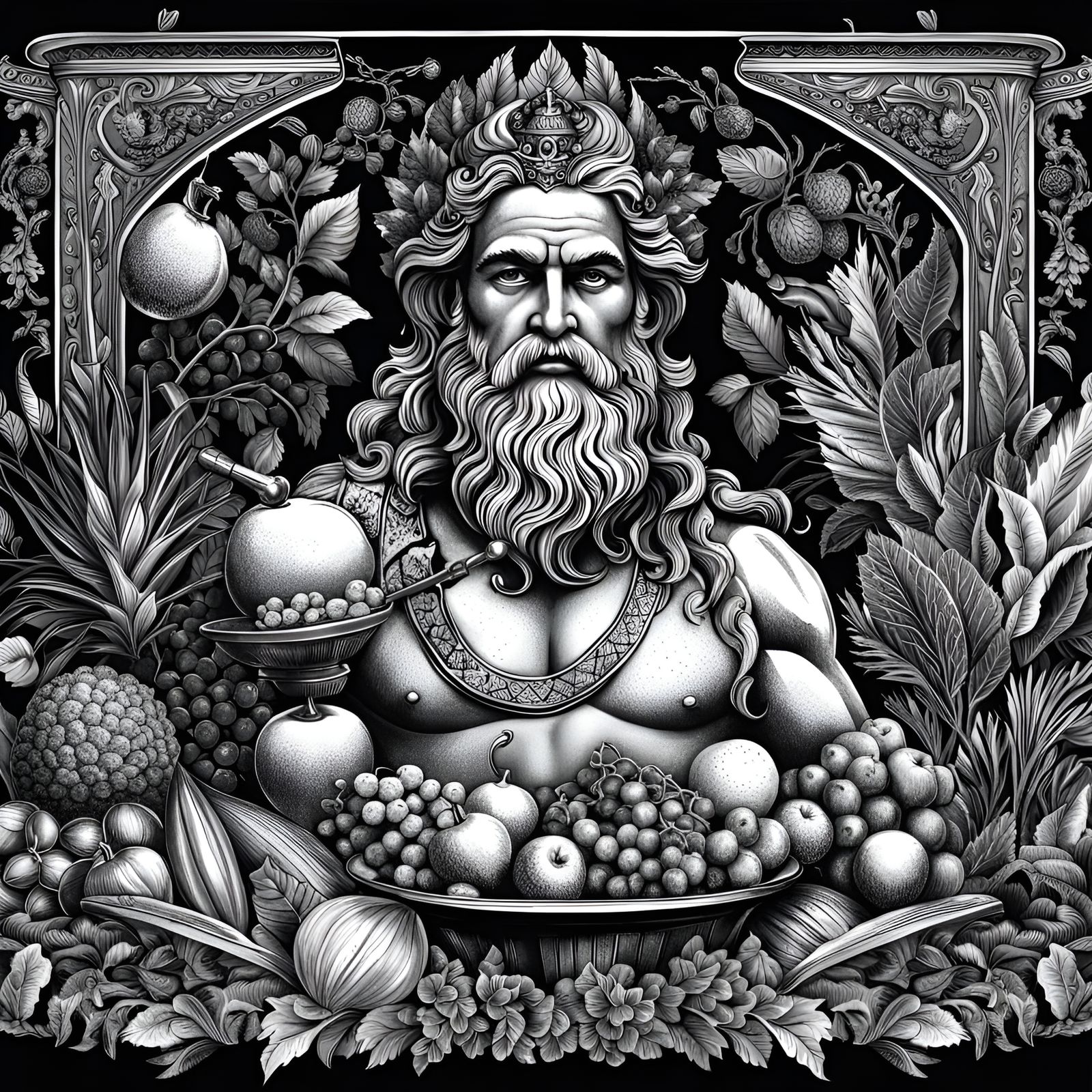black and white ink drawing of an ancient god Poseidon holdi...