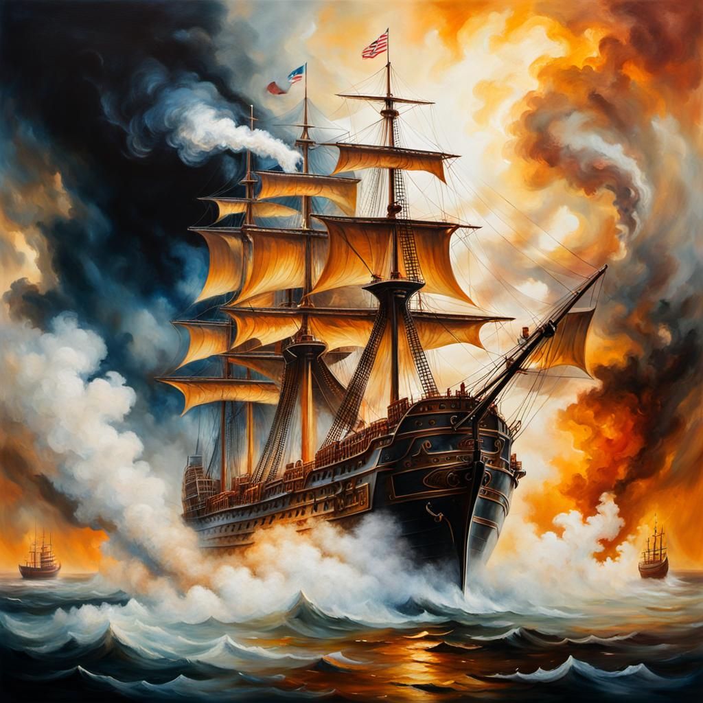Smoking Warship Oil Painting with Alcohol Ink Textures