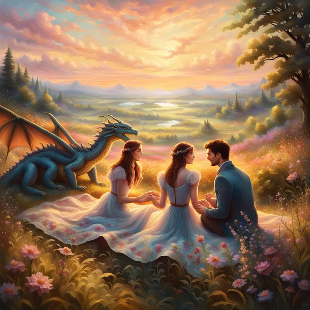 a date in a field with dragons
