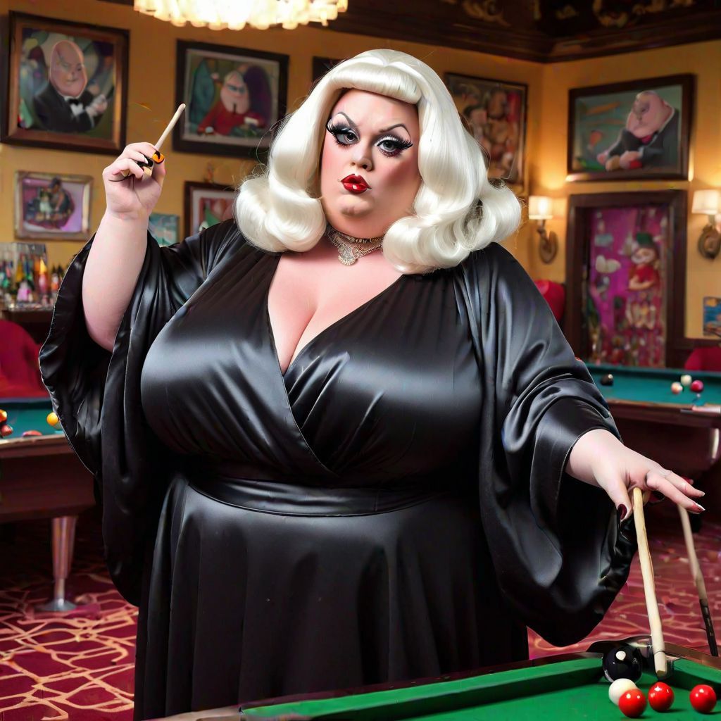 Poofy Extravagant Ultra Femme Fat Obese Overweight Drag Queens wearing Black Satin Caftan Kaftan Abaya playing Snooker a...