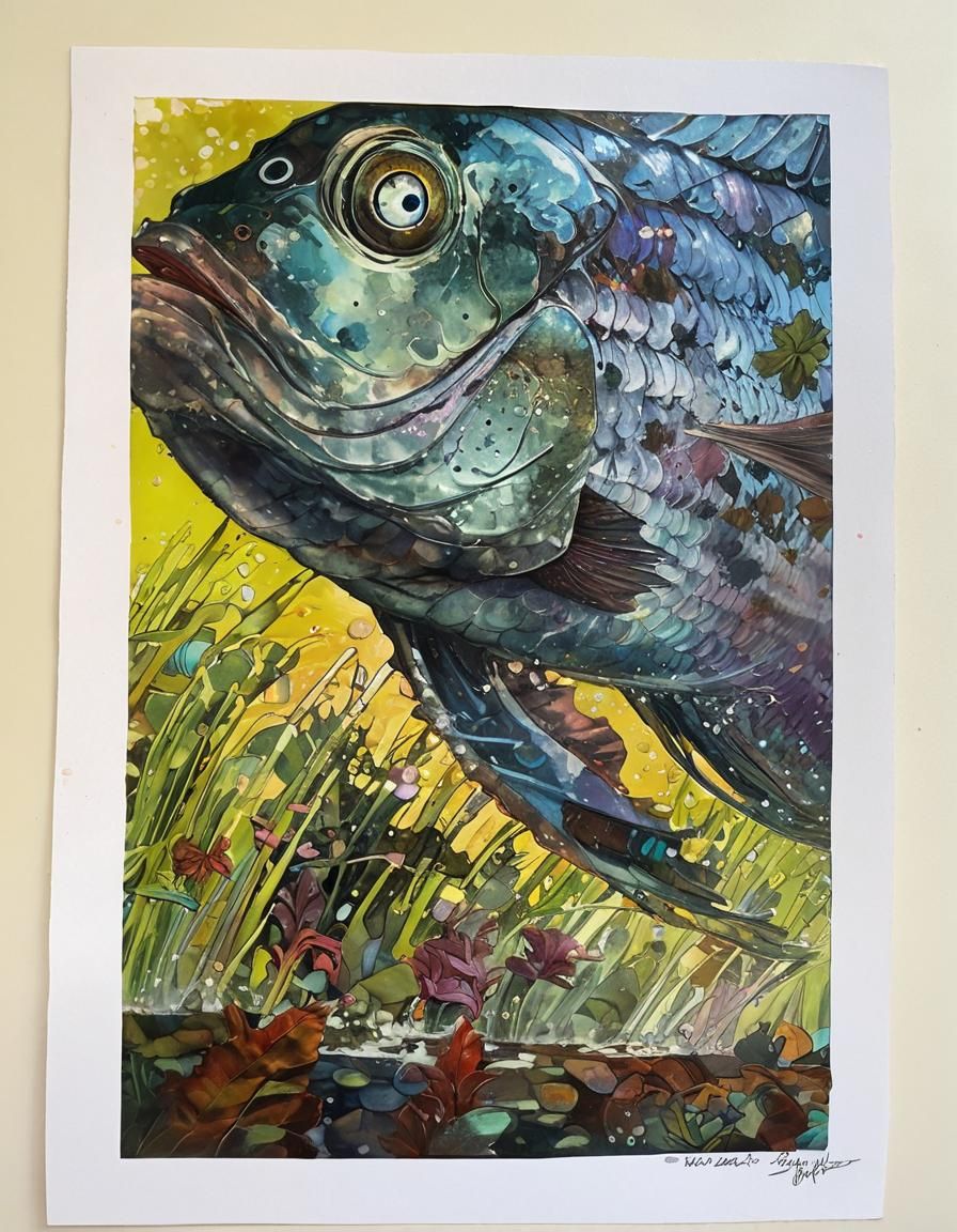 Whimsical splash art. Full view. A large, fantastical, colored fisk. Dynamic medium shot. Vibrant brush strokes style. Iridescent scales ref...