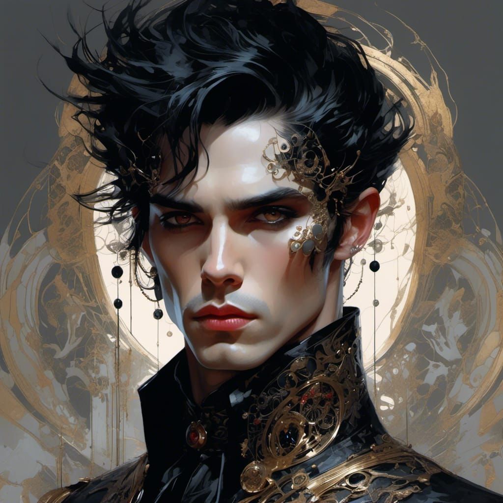 <lora:Constellation:1.0> Full portrait of striking vampiric prince : piercing eyes : black hair : shiny aura : highly detailed : gothic fili...