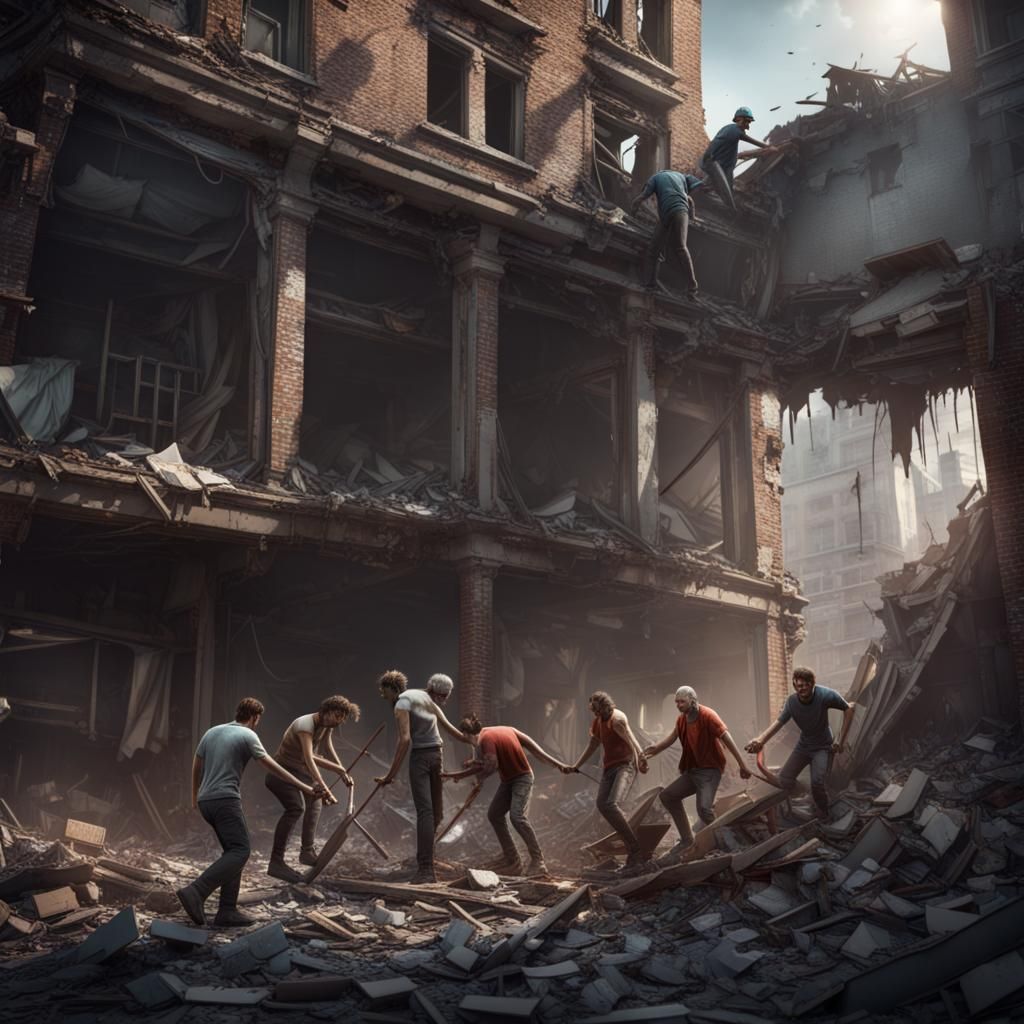 good people helping poor injured man from a collapsed buildi...