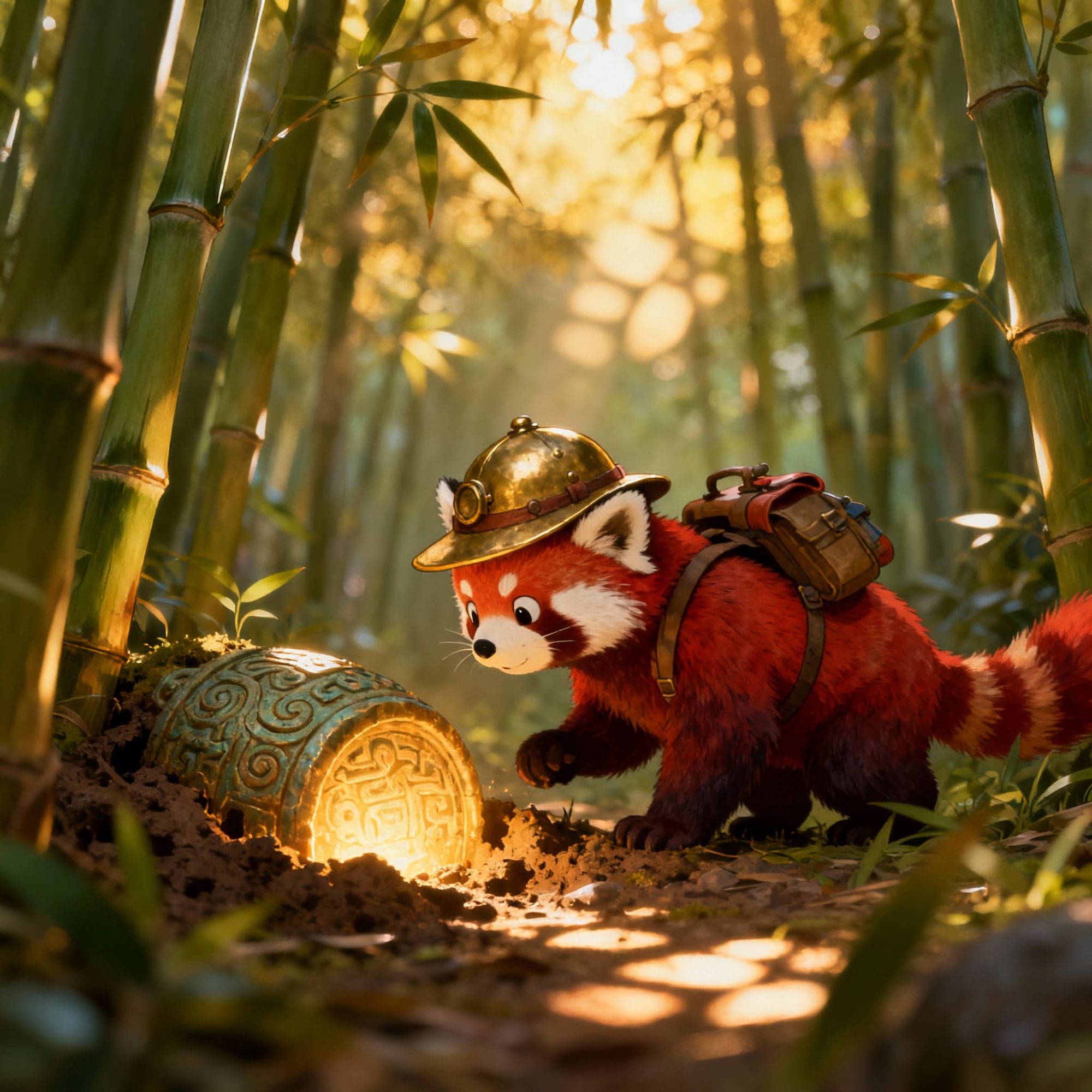 A curious red panda, adorned with a tiny, brass explorer's hat and a miniature backpack, navigates a vibrant bamboo forest. Sunlight filters...