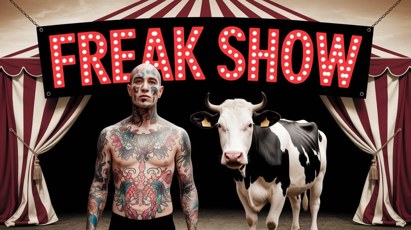 "FREAK SHOW" writing in bright vivid red block font on a black banner hanging on a circus tent,  a man covered 100% completely with colorful...